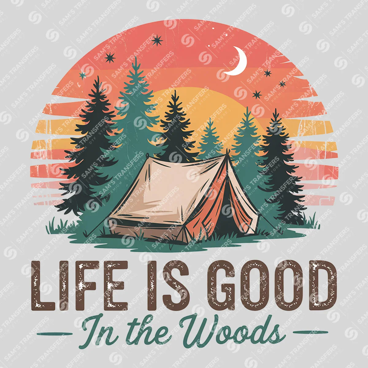 Apparel featuring a Life Is Good in the Woods-themed DTF transfer.