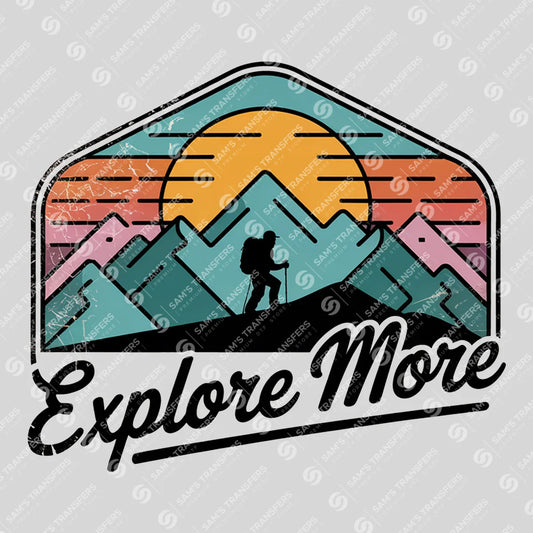Apparel featuring a Explore More-themed DTF transfer.