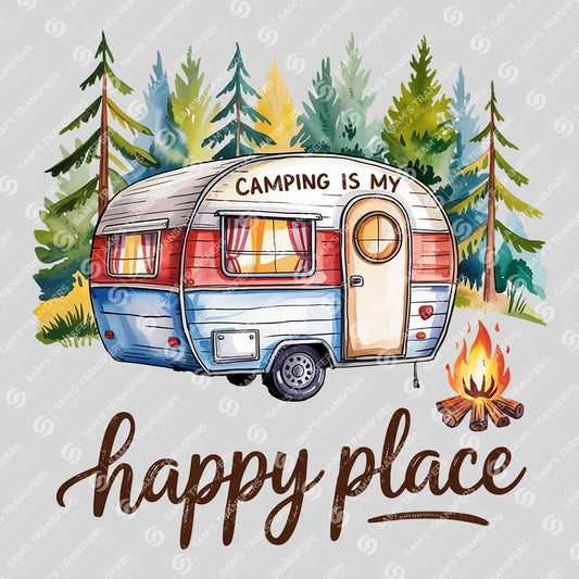 Apparel featuring a Camping Is My Happy Place-themed DTF transfer.