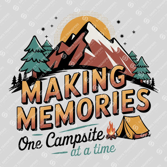 Apparel featuring a Making Memories One Campsite Retro-themed DTF transfer.