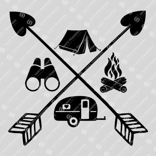 Apparel featuring a Camping Arrows Monogram-themed DTF transfer.