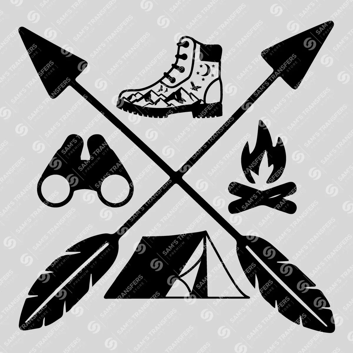 Apparel featuring a Camping Adventure Arrows-themed DTF transfer.