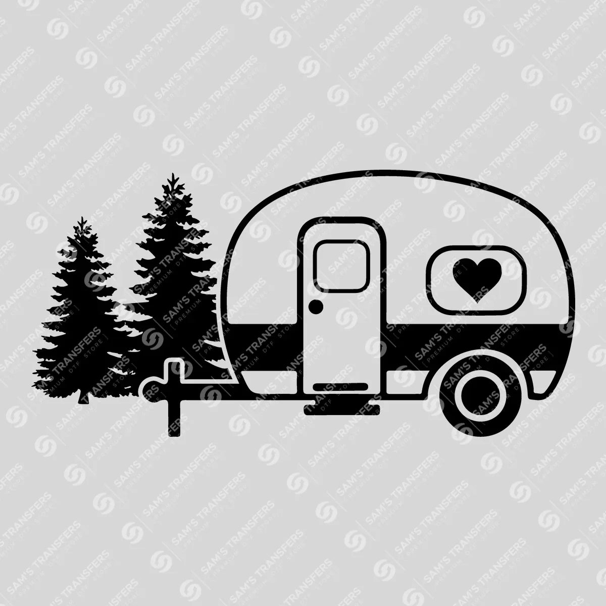 Apparel featuring a Camper and Pines-themed DTF transfer.