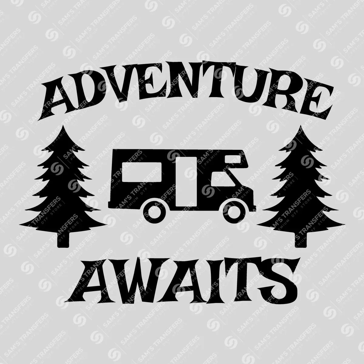 Apparel featuring a Adventure Awaits Camper-themed DTF transfer.