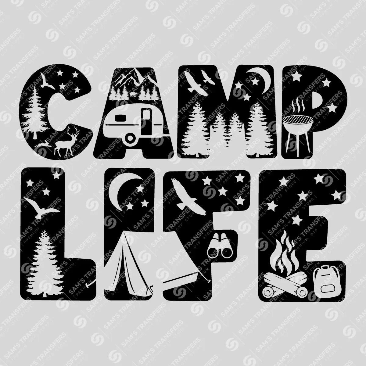 Apparel featuring a Camp Life Scenic-themed DTF transfer.