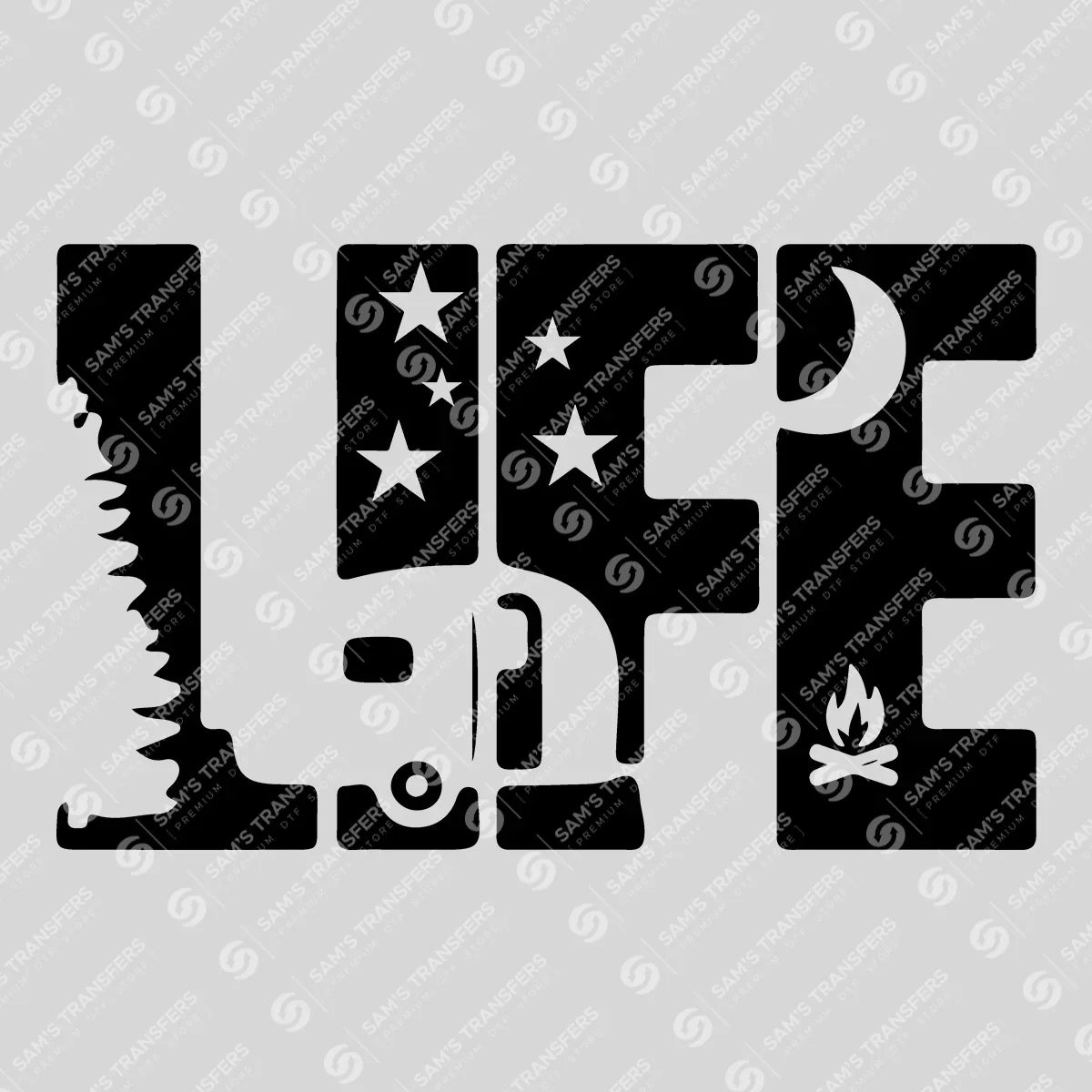 Apparel featuring a Camping Life Letters-themed DTF transfer.