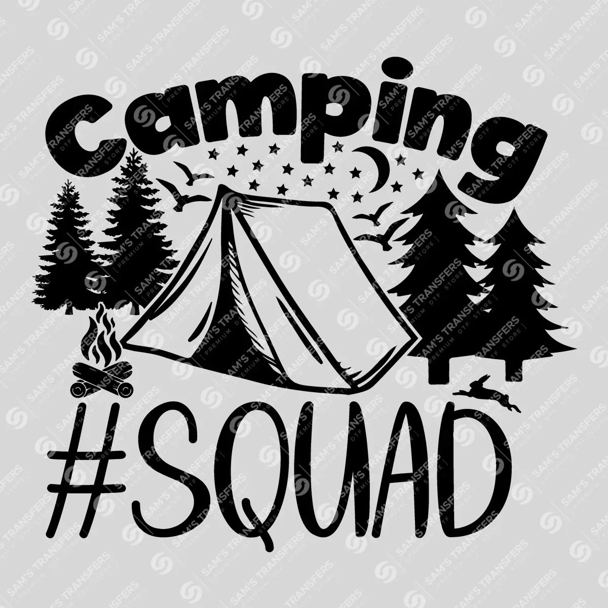 Apparel featuring a Camping Squad-themed DTF transfer.