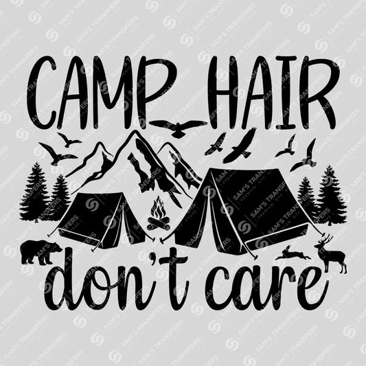 Apparel featuring a Camp Hair Don't Care Tents-themed DTF transfer.