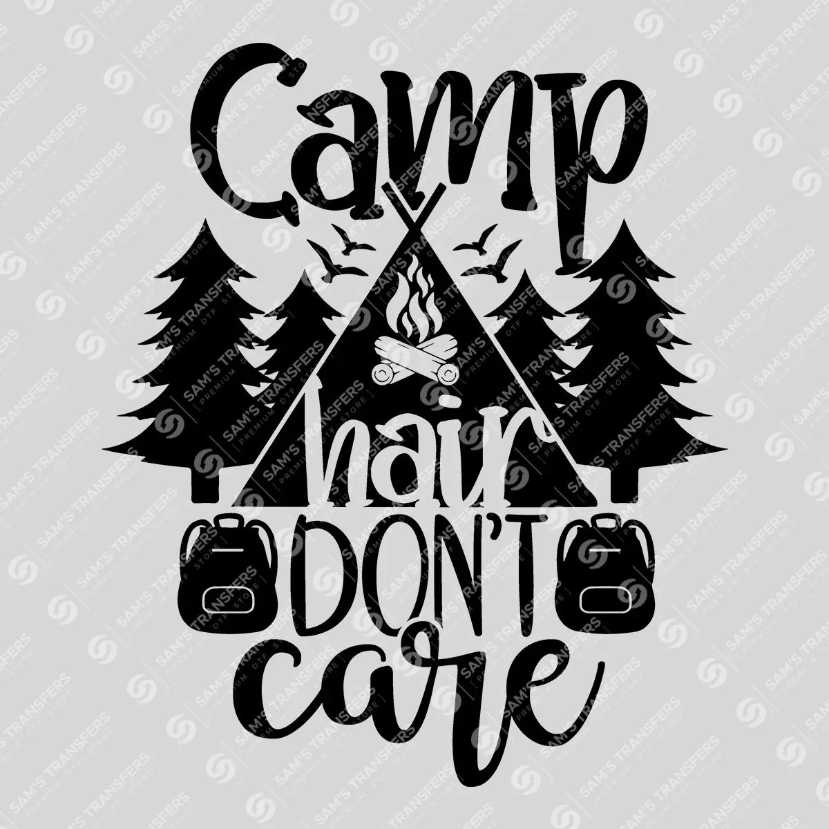 Apparel featuring a Camp Hair Don't Care Backpacks-themed DTF transfer.