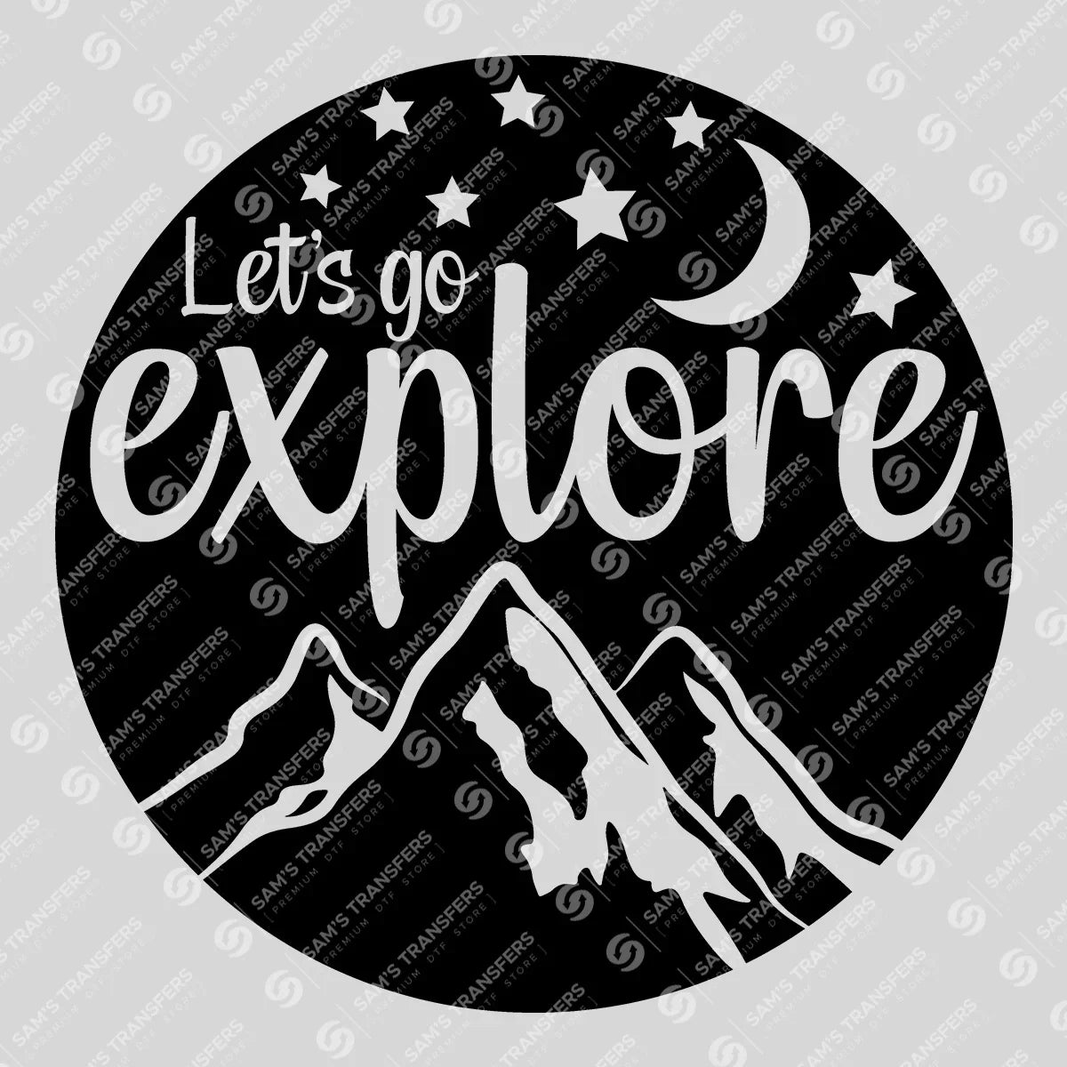 Apparel featuring a Let's Go Explore Moon-themed DTF transfer.