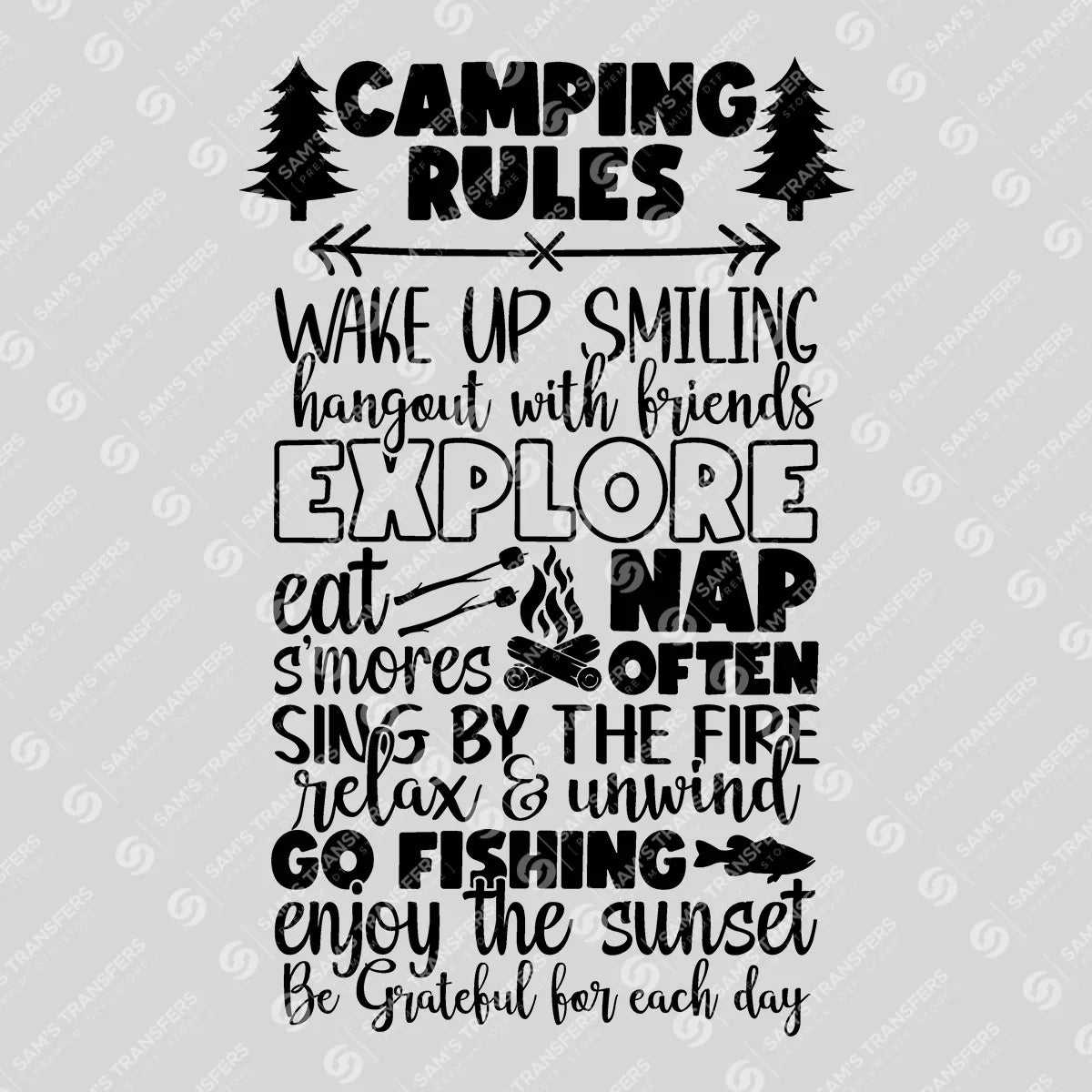 Apparel featuring a Camping Rules-themed DTF transfer.