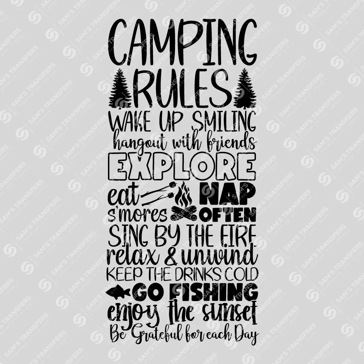 Apparel featuring a Camping Rules List-themed DTF transfer.