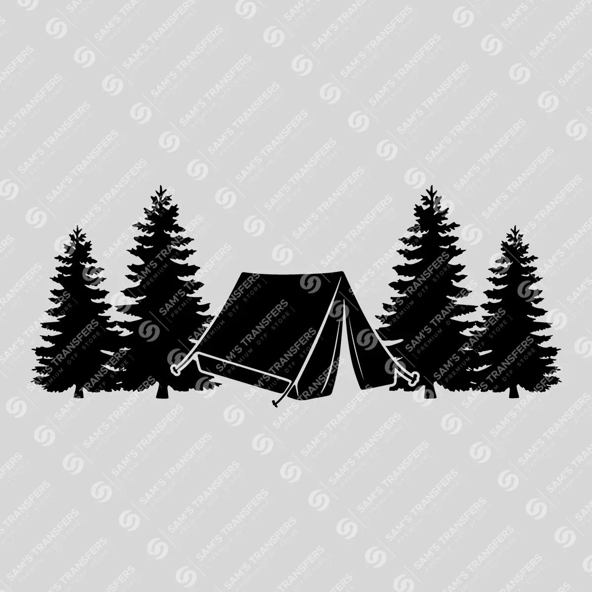 Apparel featuring a Tent in the Trees-themed DTF transfer.