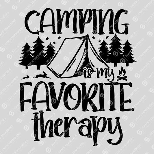Apparel featuring a Camping Is My Favorite Therapy Pines-themed DTF transfer.