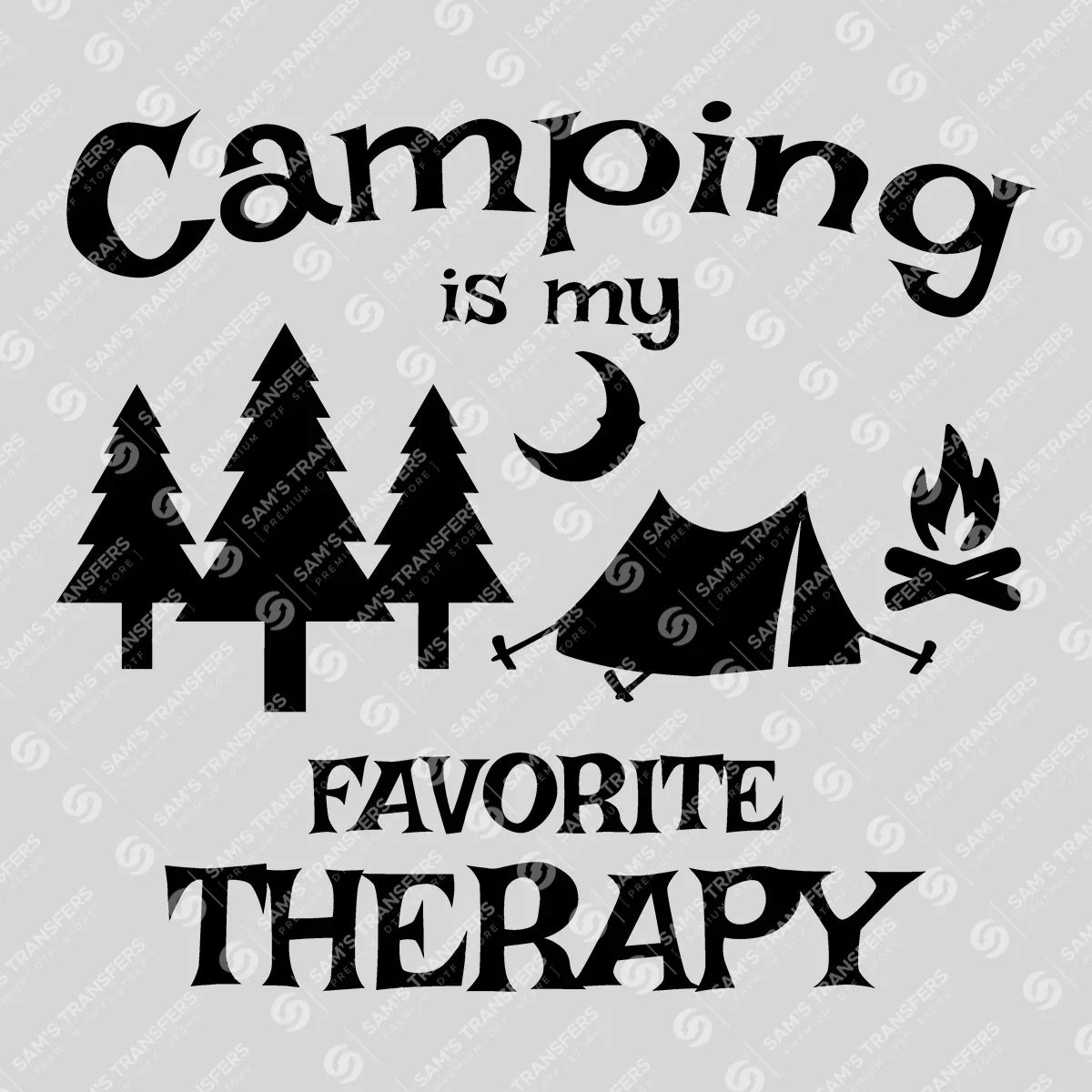 Apparel featuring a Camping Is My Favorite Therapy Moon-themed DTF transfer.