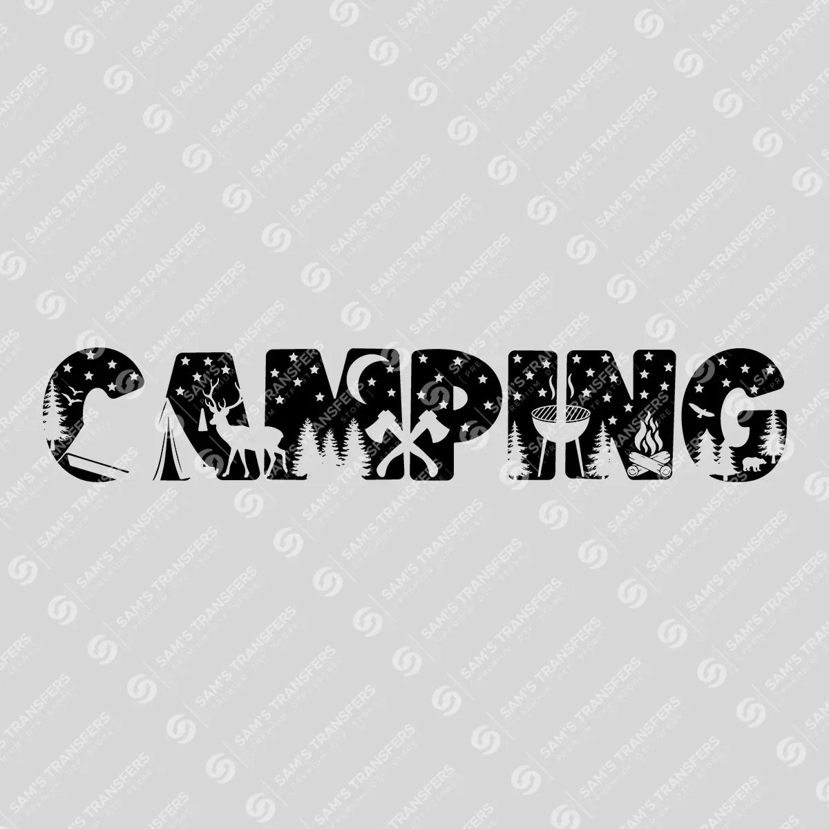 Apparel featuring a Camping Scenic Letters-themed DTF transfer.