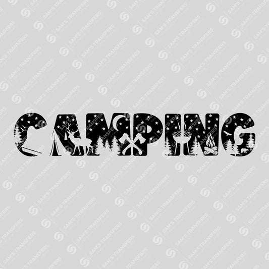 Apparel featuring a Camping Scenic Letters-themed DTF transfer.