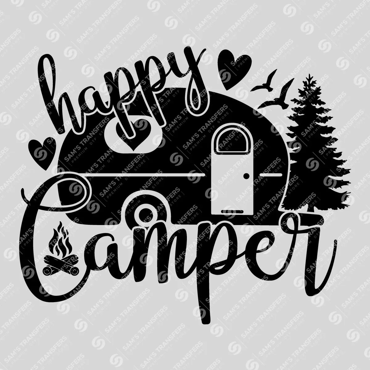 Apparel featuring a Happy Camper Trailer-themed DTF transfer.