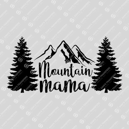 Apparel featuring a Mountain Mama Trees-themed DTF transfer.
