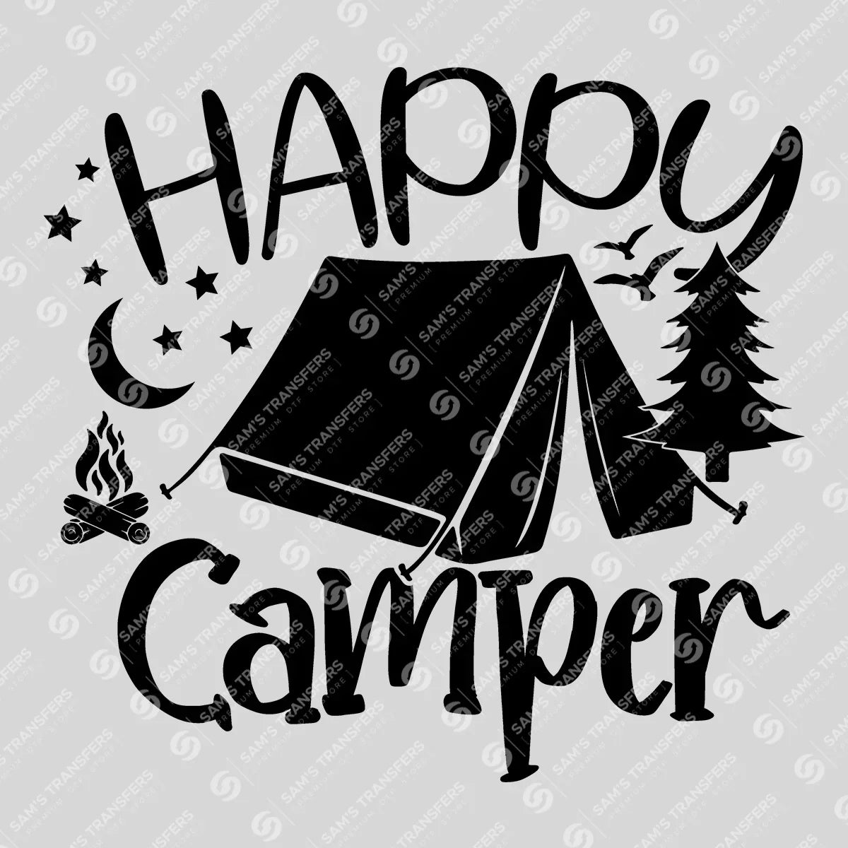 Apparel featuring a Happy Camper Tent-themed DTF transfer.