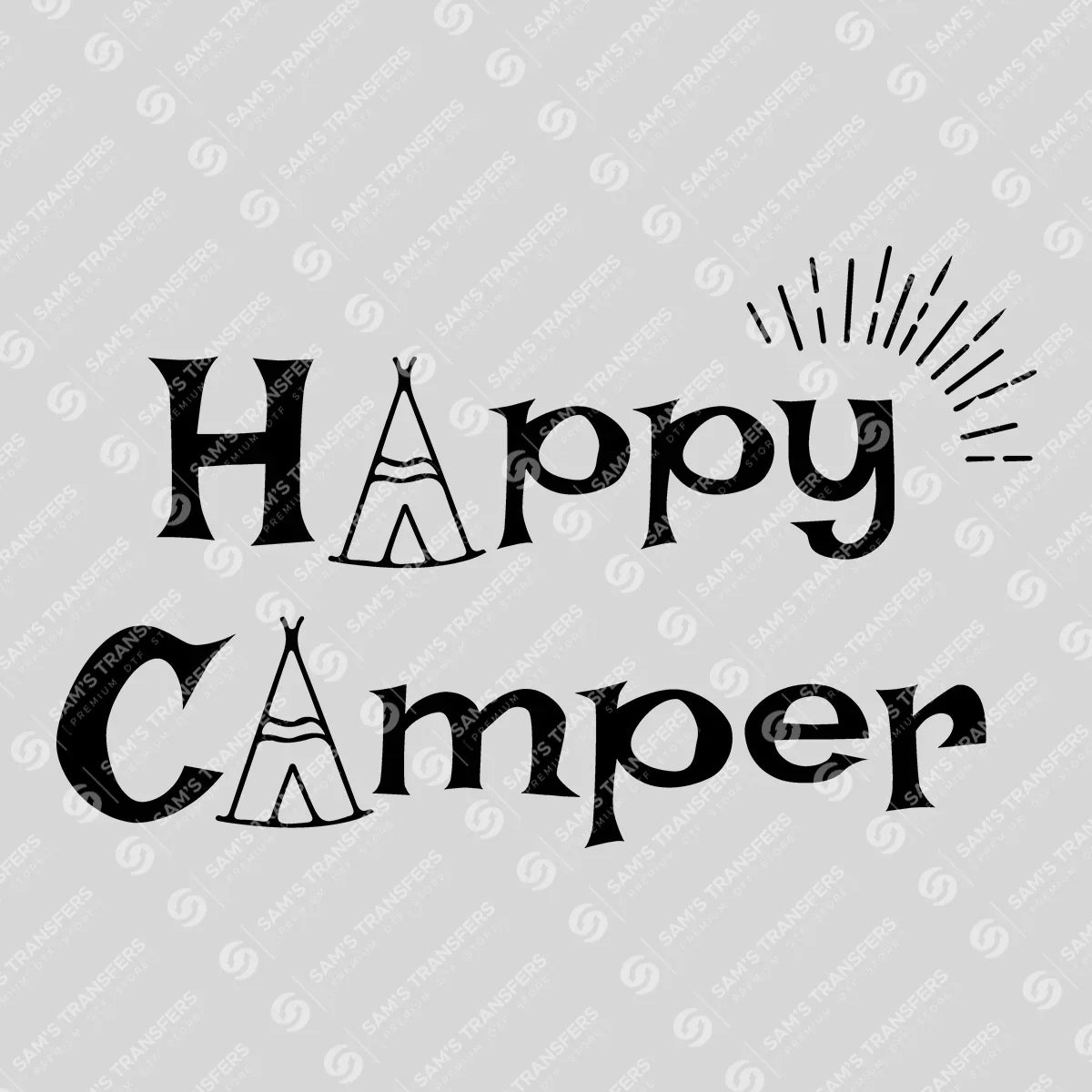 Apparel featuring a Happy Camper Teepee Sun-themed DTF transfer.