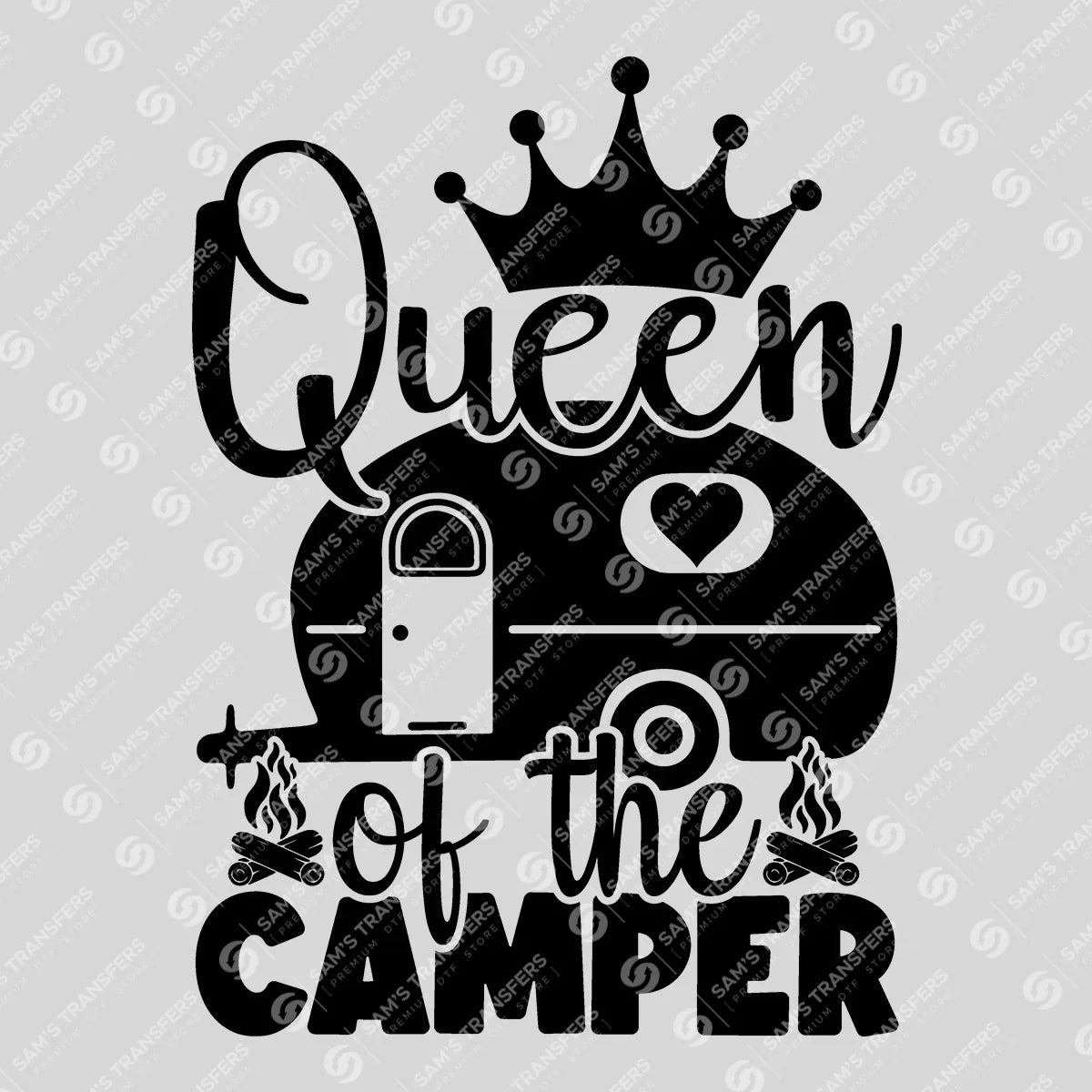 Apparel featuring a Queen of the Camper Campfire-themed DTF transfer.