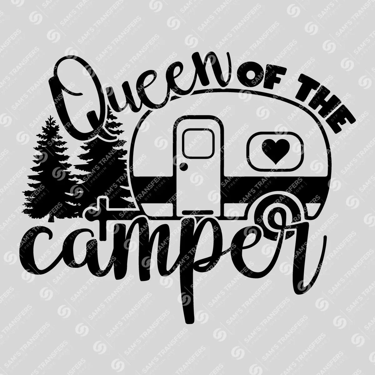 Apparel featuring a Queen of the Camper Trees-themed DTF transfer.