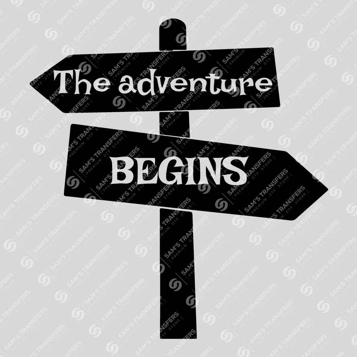 Apparel featuring a The Adventure Begins-themed DTF transfer.
