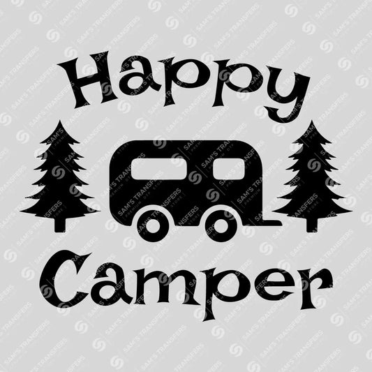 Apparel featuring a Happy Camper-themed DTF transfer.