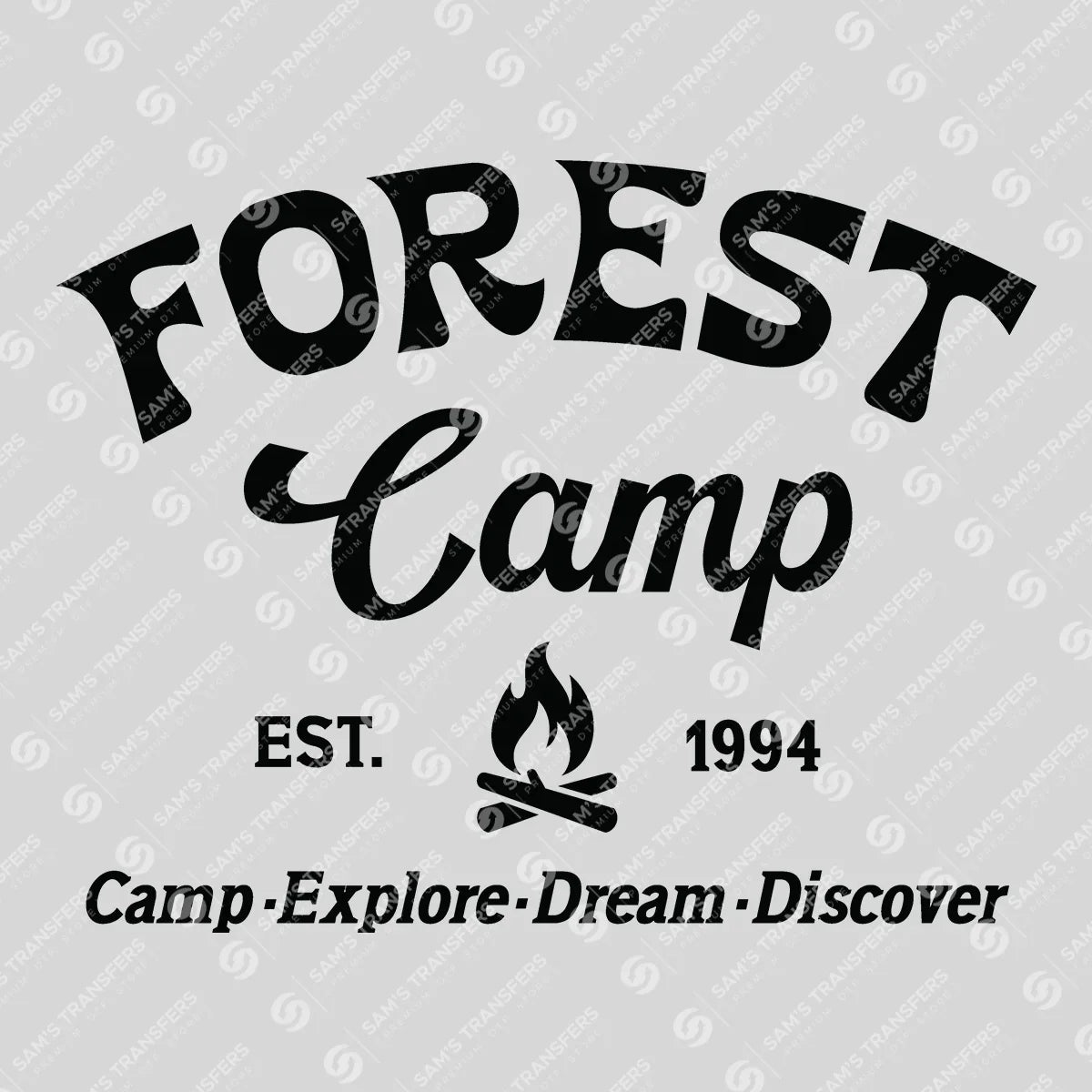Apparel featuring a Forest Camp-themed DTF transfer.