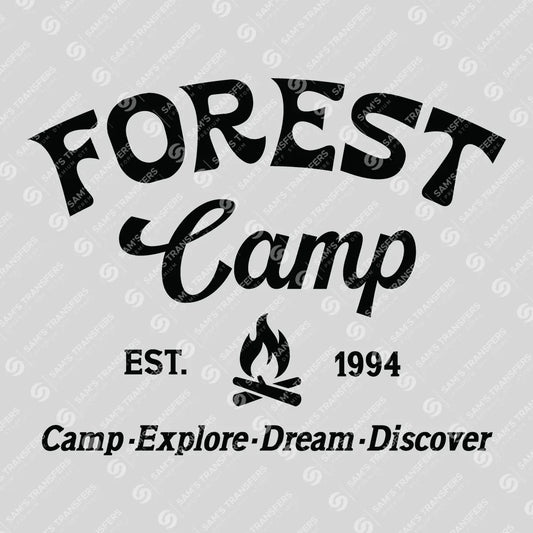 Apparel featuring a Forest Camp-themed DTF transfer.