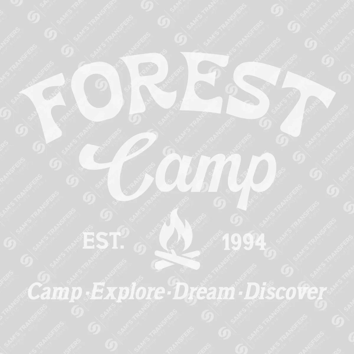 Apparel featuring a Forest Camp-themed DTF transfer.