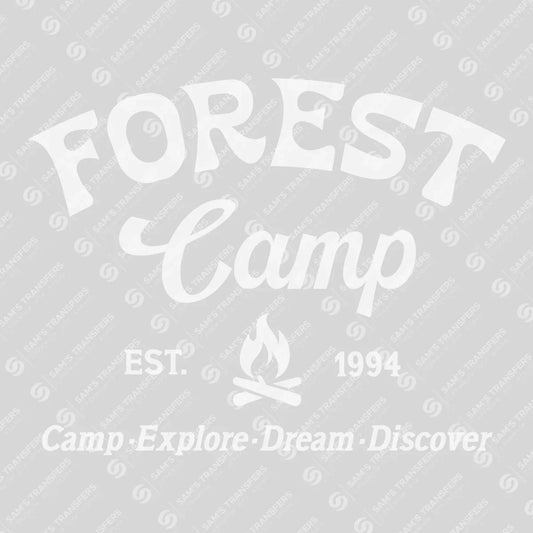 Apparel featuring a Forest Camp-themed DTF transfer.