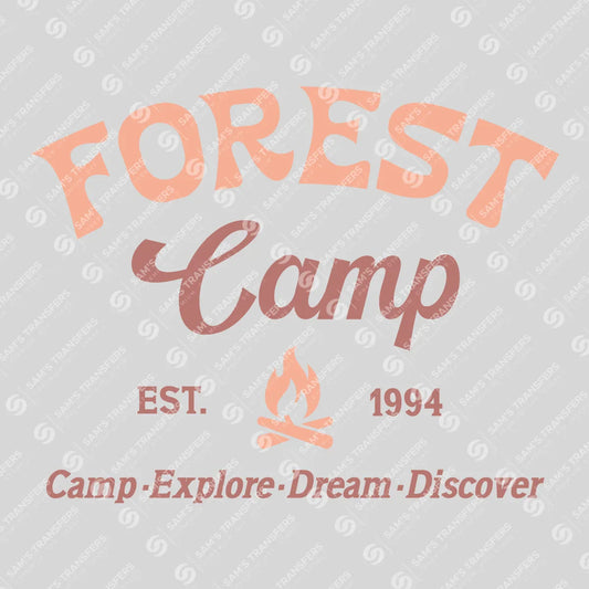 Apparel featuring a Forest Camp-themed DTF transfer.