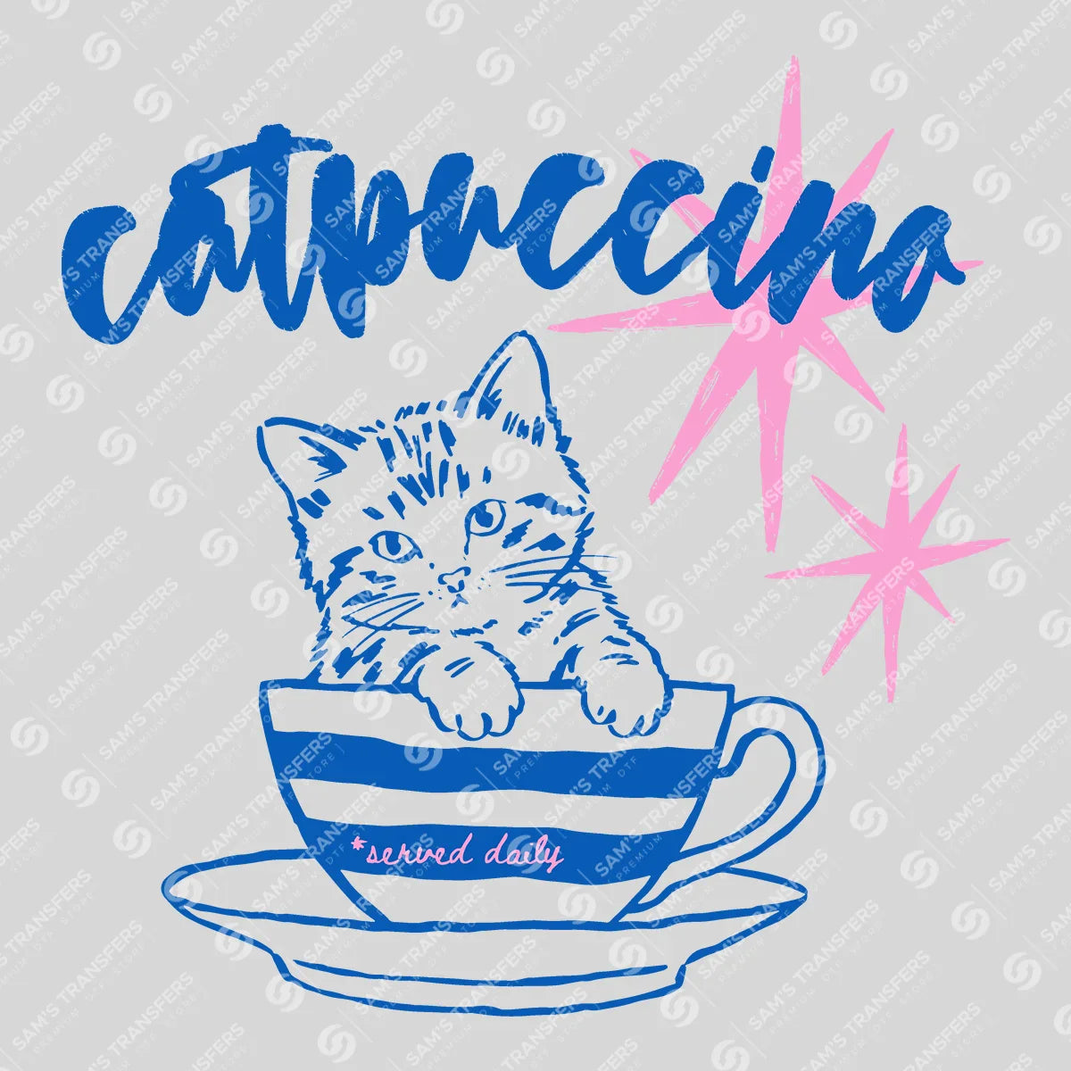 Apparel featuring a Catpuccino-themed DTF transfer.