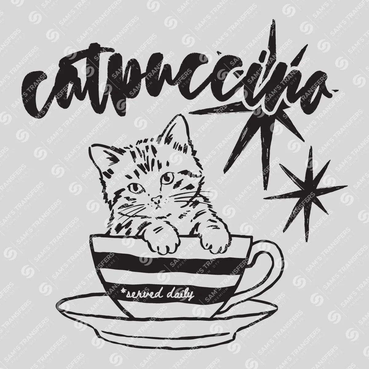 Apparel featuring a Catpuccino-themed DTF transfer.