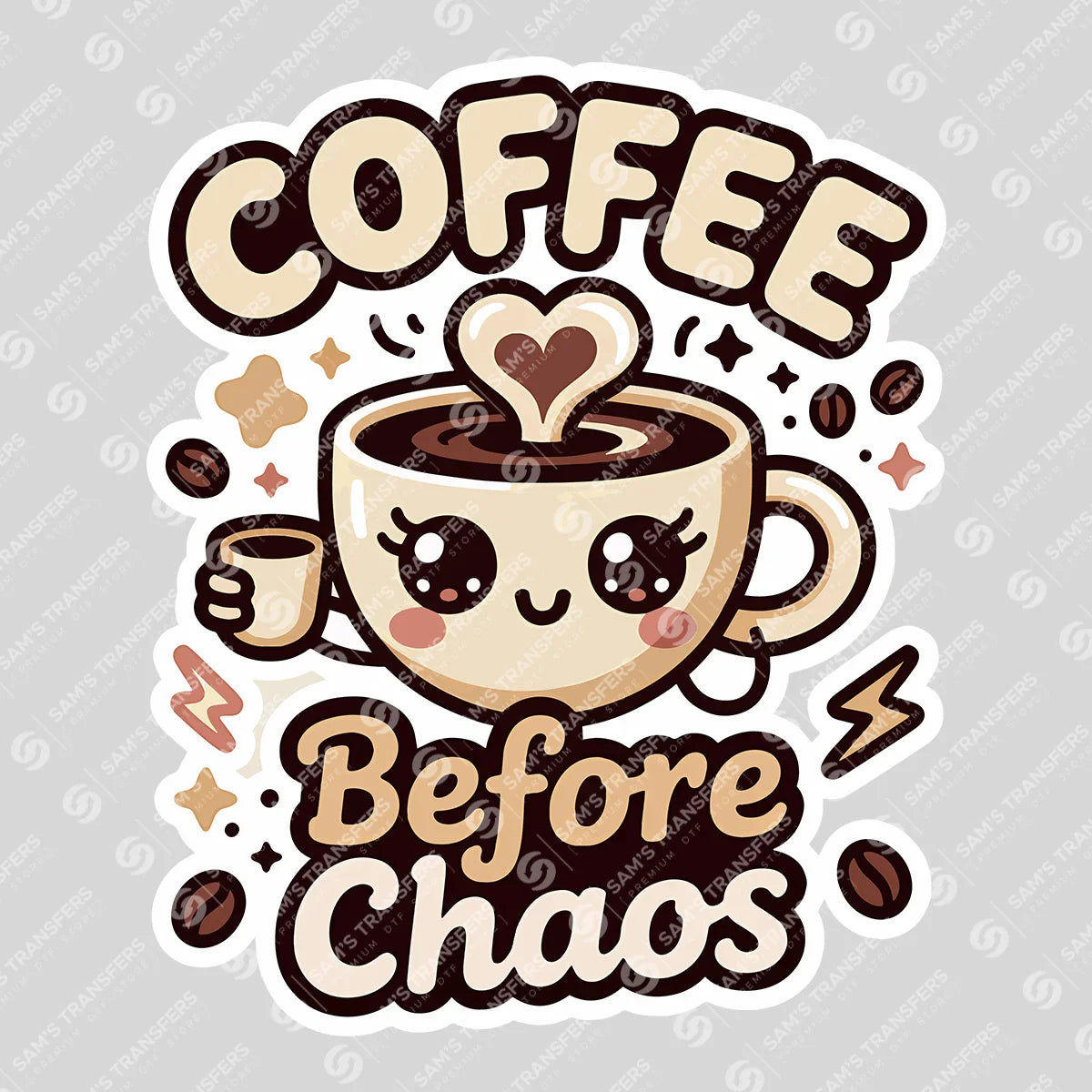 Apparel featuring a Coffee Before Chaos-themed DTF transfer.