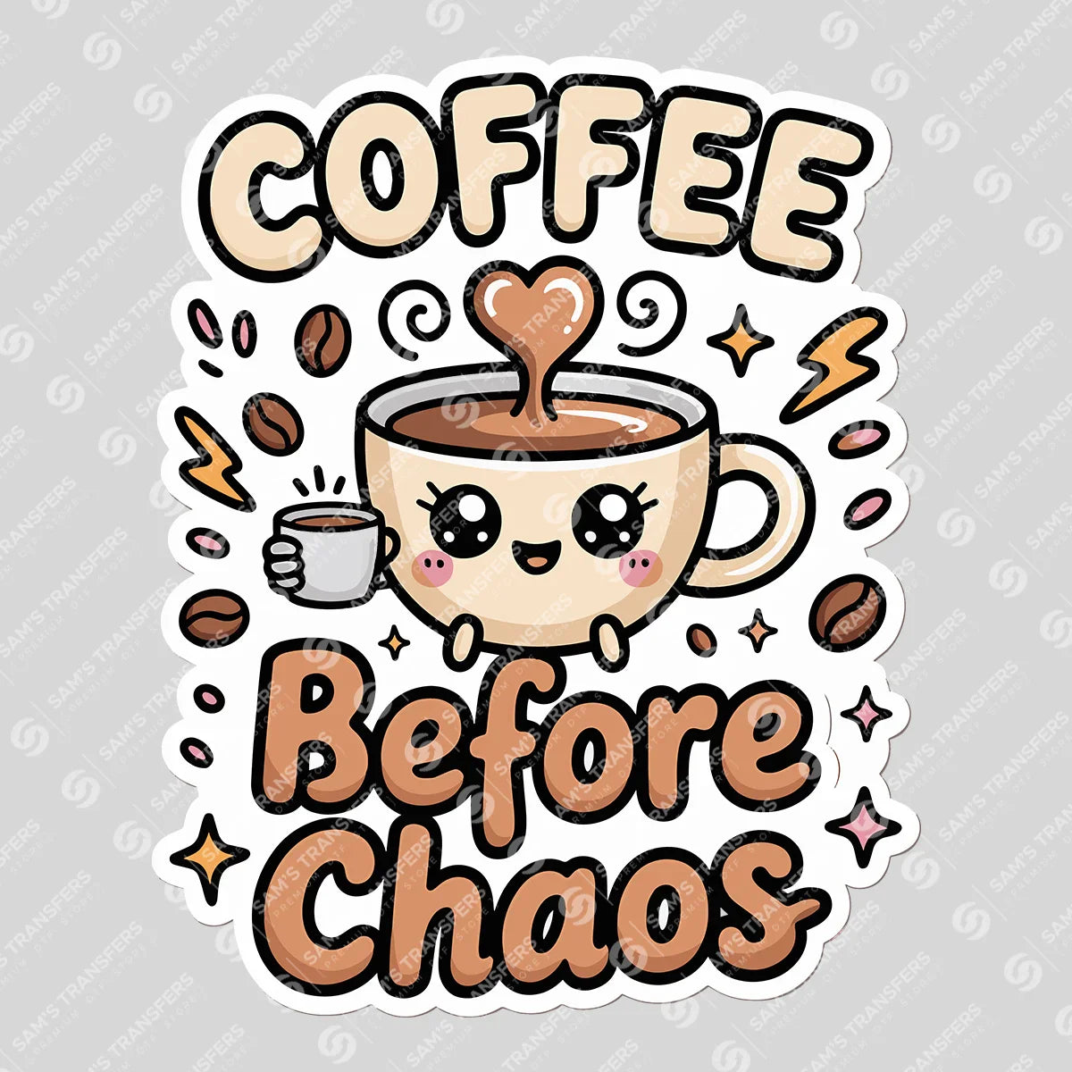 Apparel featuring a Coffee Before Chaos-themed DTF transfer.