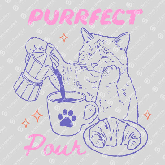 Apparel featuring a Purrfect Pour-themed DTF transfer.