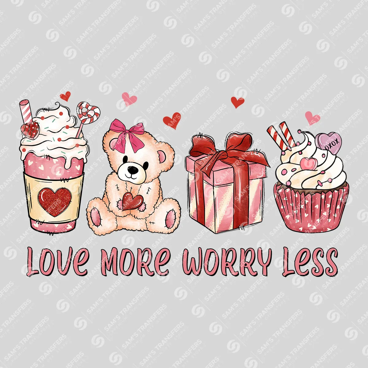 Apparel featuring a Love More Worry Less-themed DTF transfer.