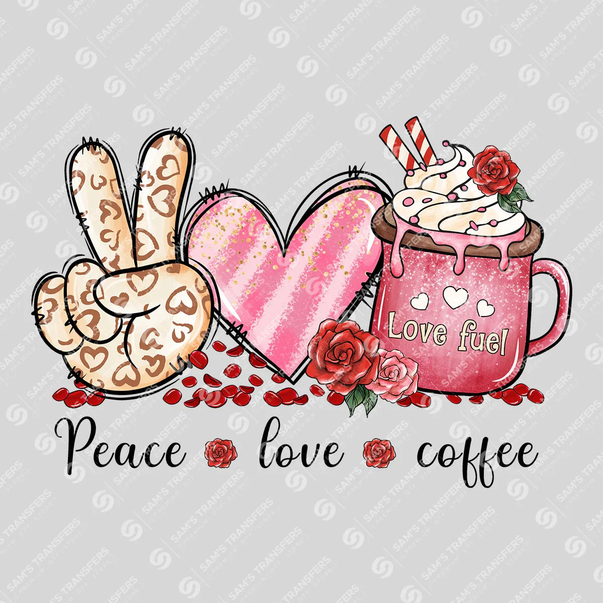 Apparel featuring a Peace Love Coffee-themed DTF transfer.