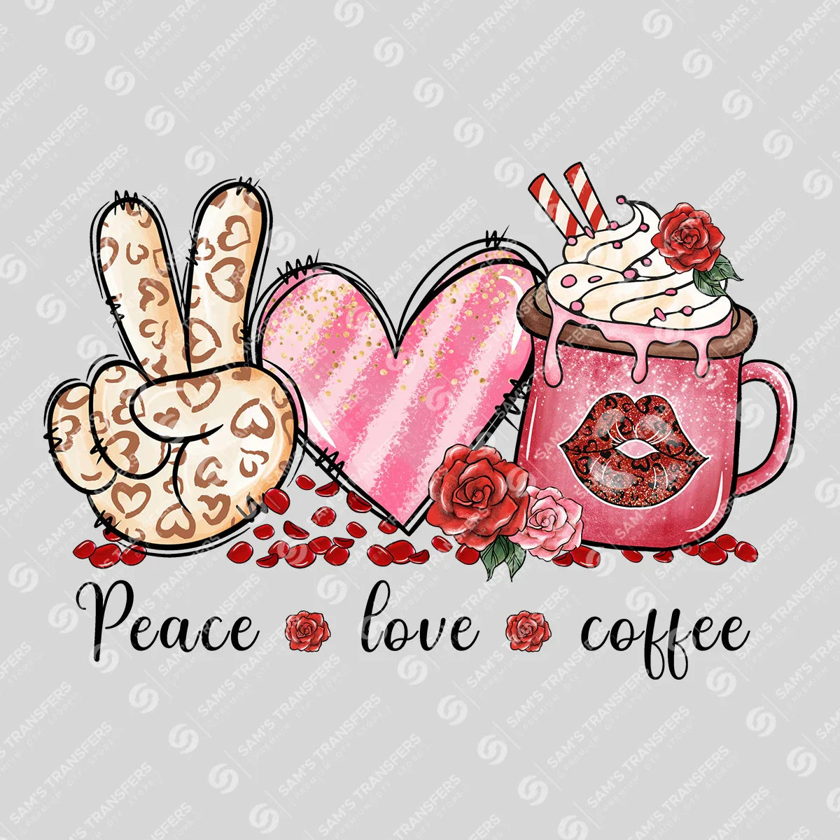 Apparel featuring a Peace Love Coffee-themed DTF transfer.