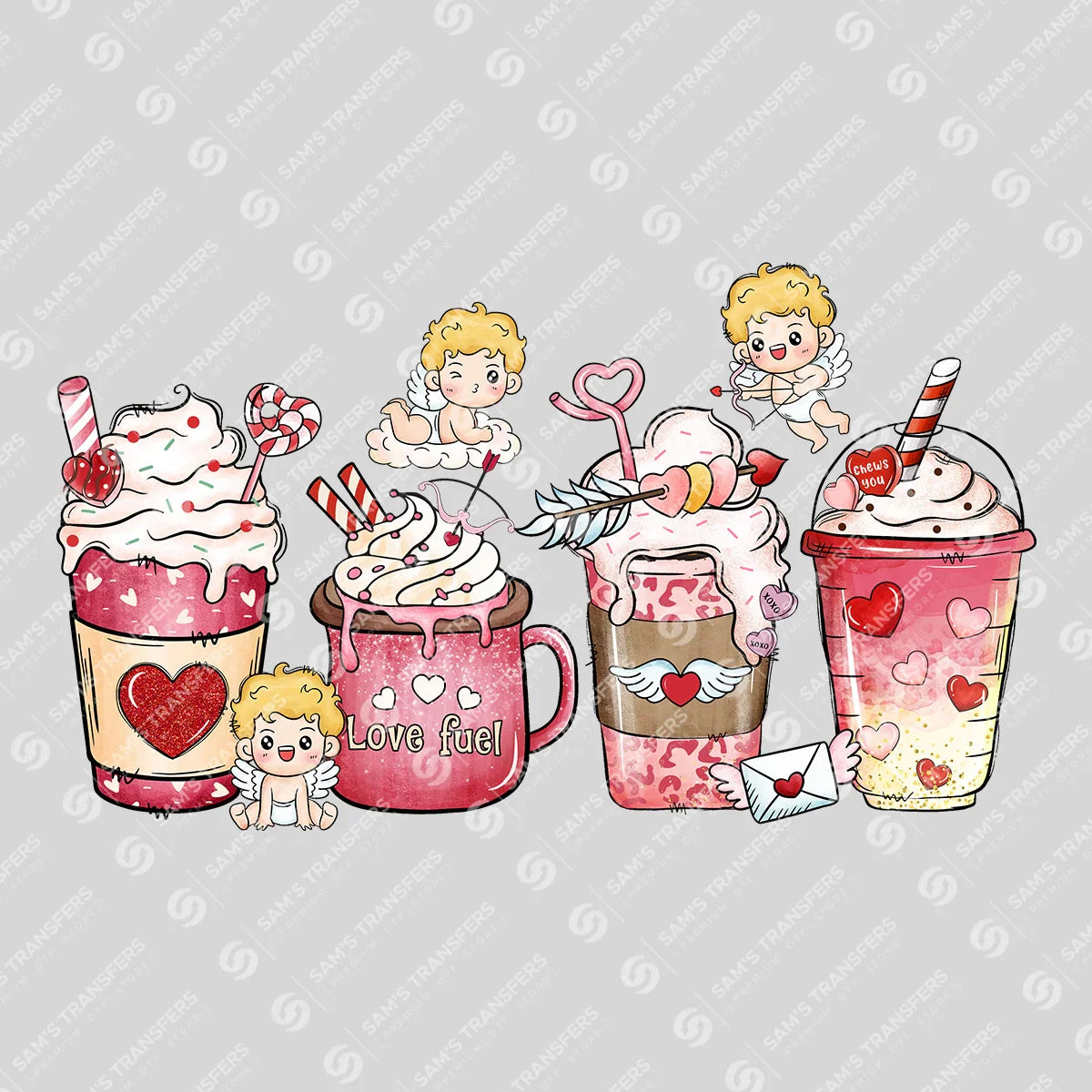 Apparel featuring a Cupid Coffee-themed DTF transfer.