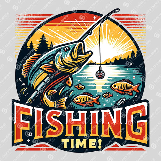 Apparel featuring a Fishing Time-themed DTF transfer.
