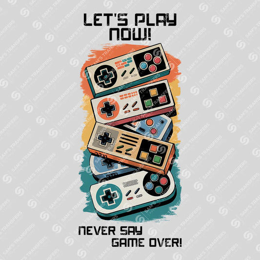 Apparel featuring a Never Say Game Over-themed DTF transfer.