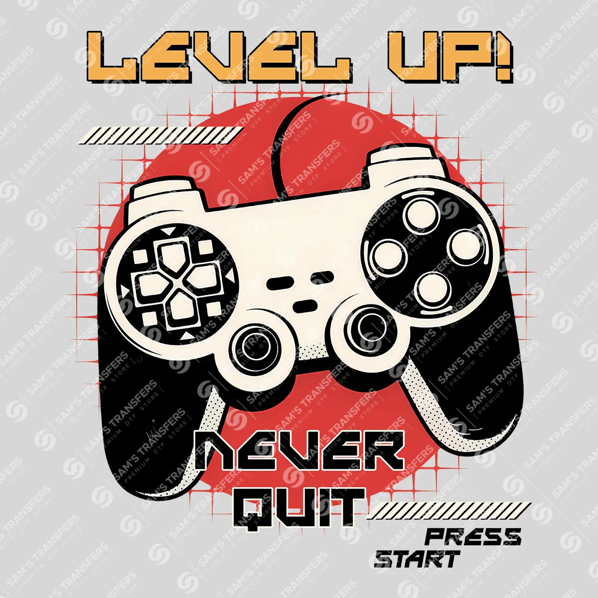 Apparel featuring a Level Up Never Quit-themed DTF transfer.