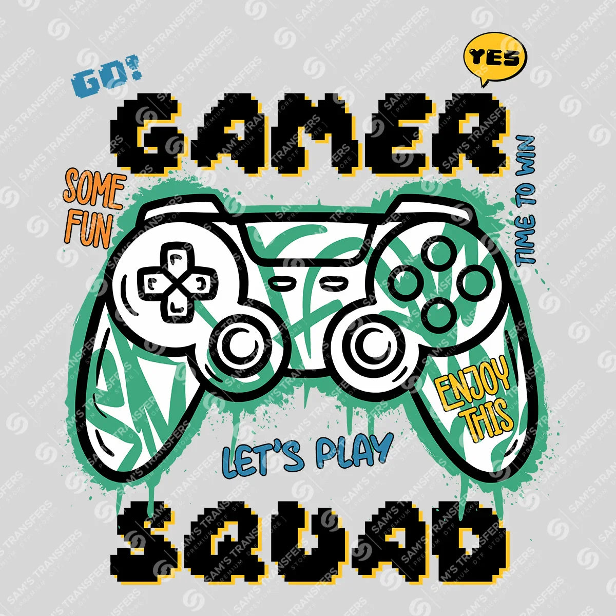 Apparel featuring a Gamer Squad-themed DTF transfer.
