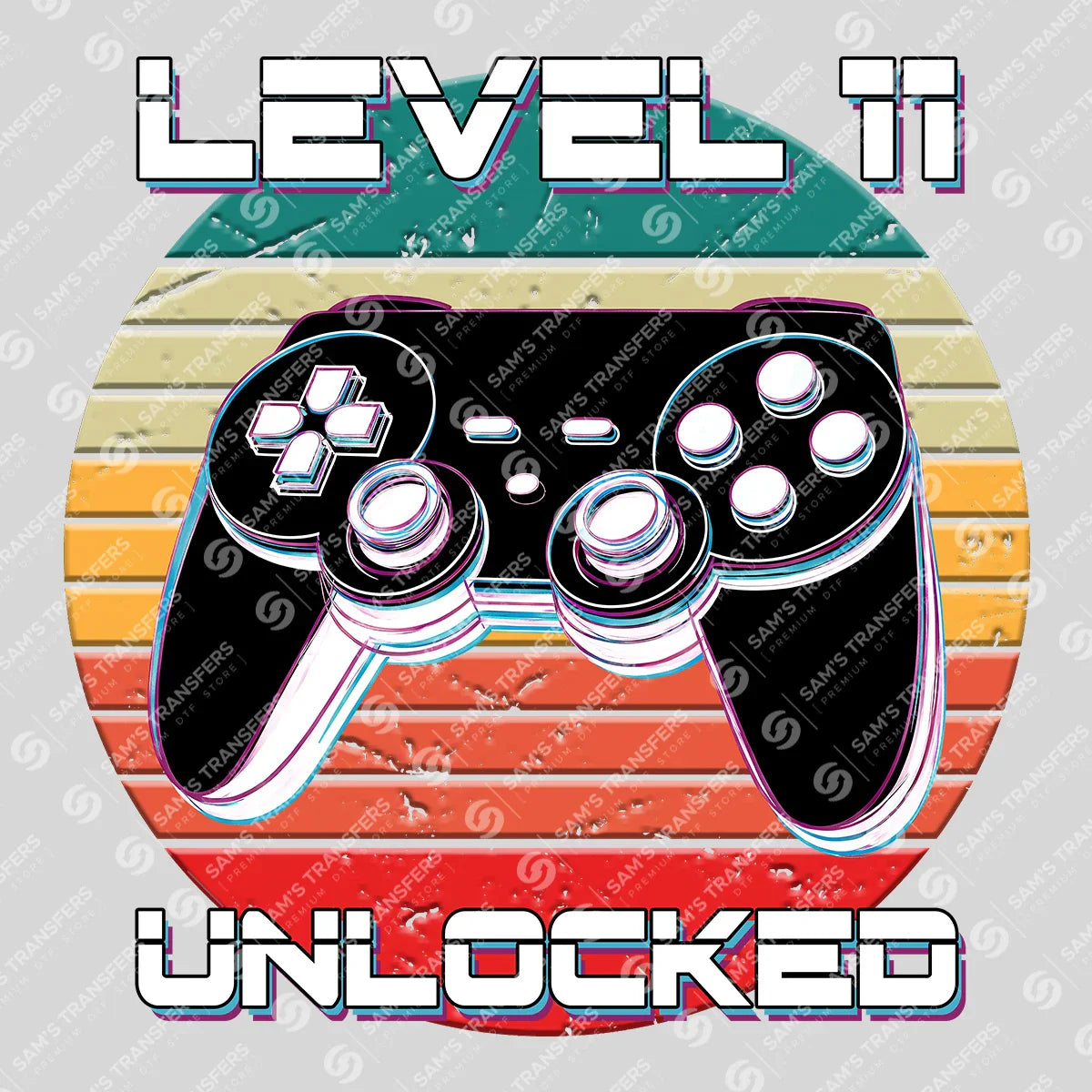 Apparel featuring a Level 11 Unlocked-themed DTF transfer.