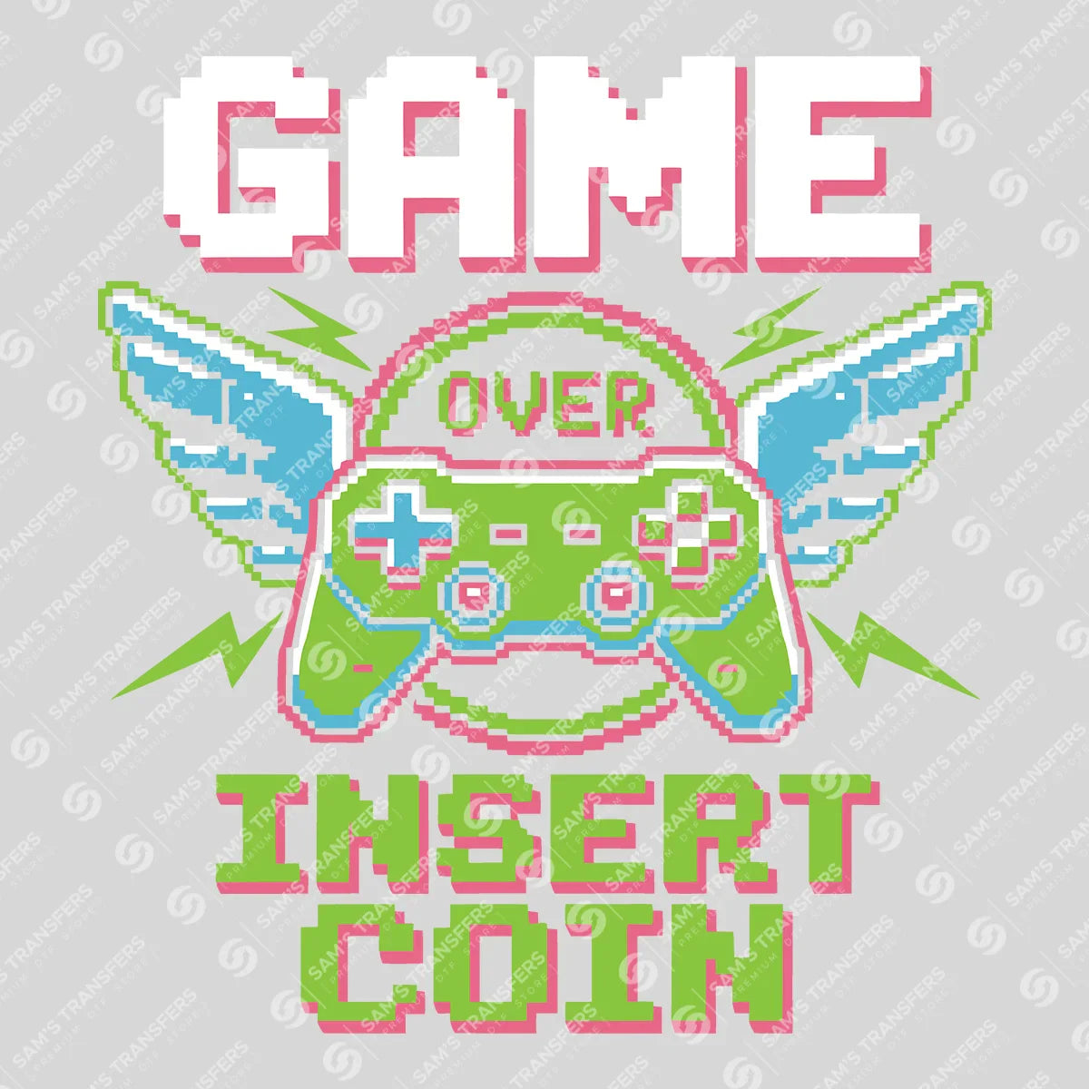 Apparel featuring a Game Over Insert Coin-themed DTF transfer.