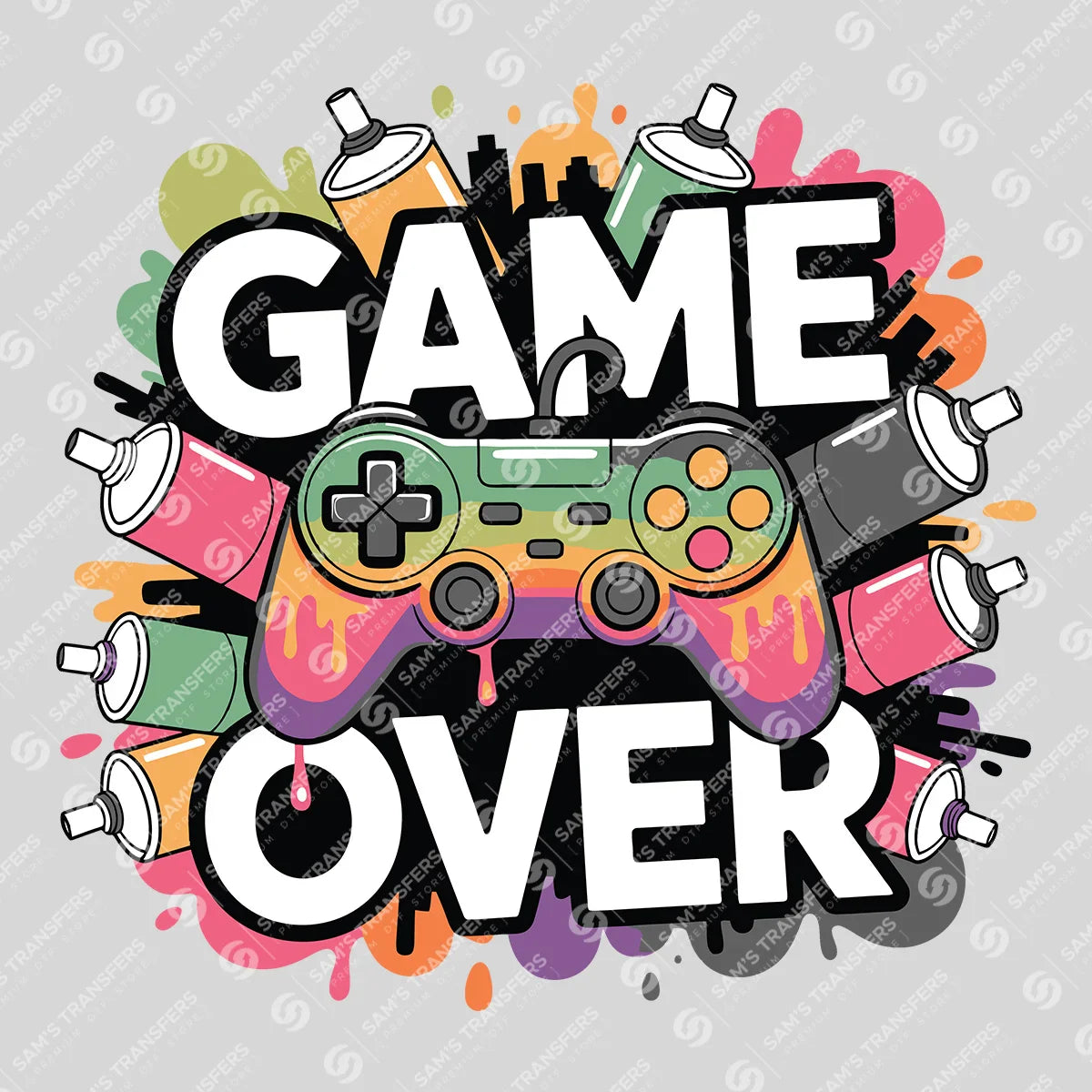 Apparel featuring a Game Over-themed DTF transfer.